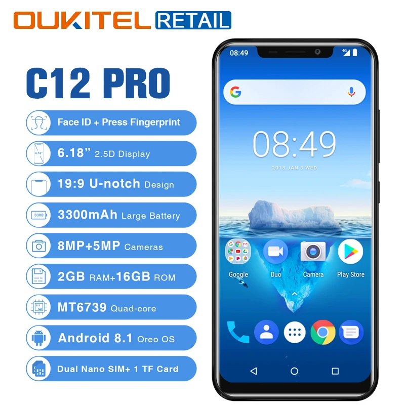 Oukitel C12 Pro 6 18 &quotHD мобильного телефона Android 8 1 MT6739 4 ядра 2 ГБ Оперативная память 16