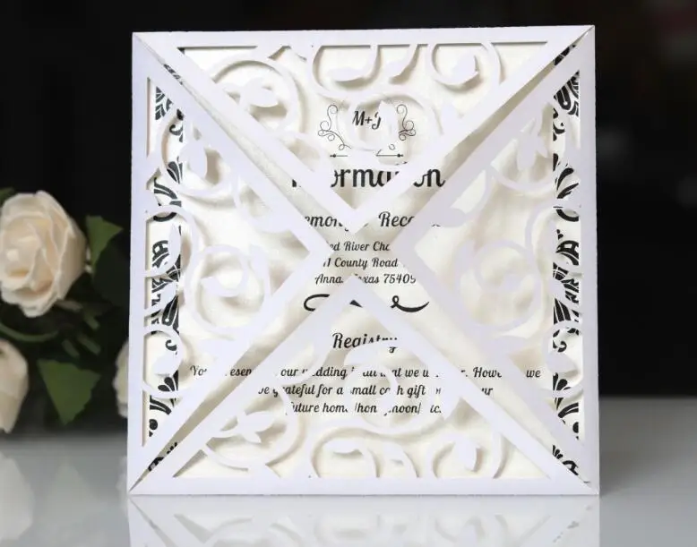 White Set 50 шт. лазерный вырез на кружеве квадратный обручальные свадебные приглашения карты полые пригласительные карты, 4 цвета, с внутренним листом конверты - Цвет: White Set