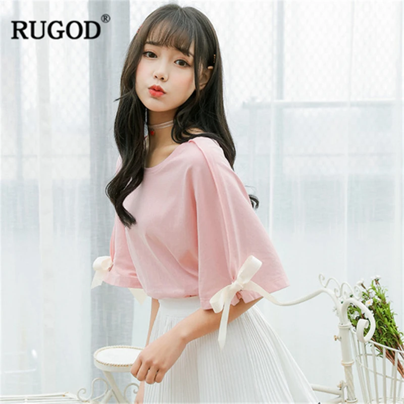 Женская футболка с бантом RUGOD белая свободная короткими рукавами и круглым