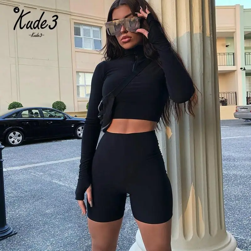С длинным рукавом на молнии с высоким воротом эластичные пикантные Топы Шорты
