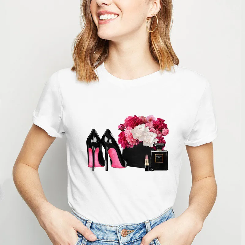 0604 Модная забавная летняя футболка на высоком каблуке с принтом; женская модная футболка принцессы с коротким рукавом; Недорогие Женские топы - Цвет: 0604