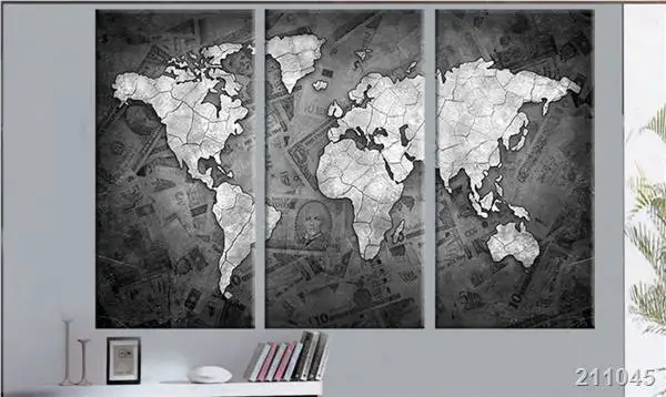 3 Панели черно белая карта мира печатная холщовая Настенная картина настенные