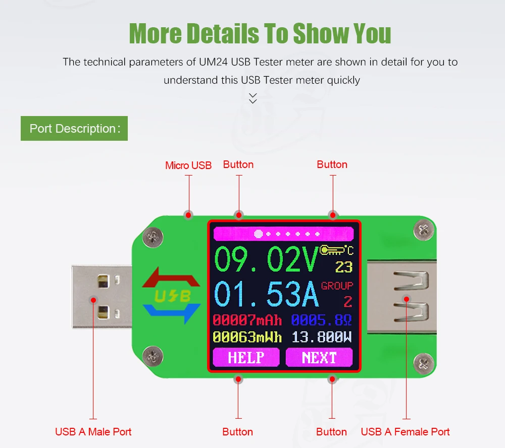 AT34 UM34/UM34C UM24/UM24C UM25/UM25C цветной ЖК-дисплей USB тестер напряжения измеритель тока Вольтметр USB Тестер