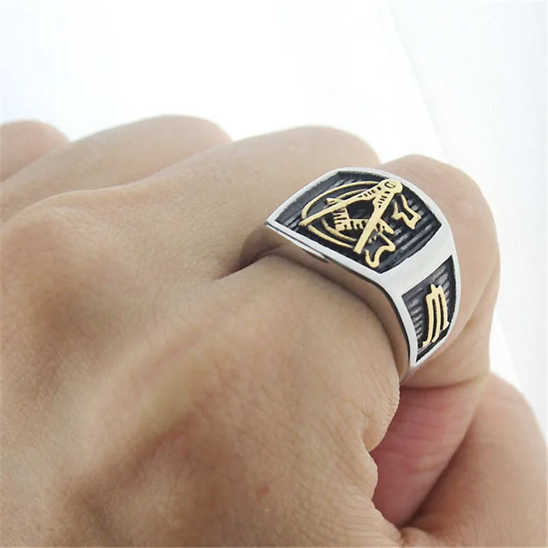 Мужское серебристое кольцо Freemason золотистое из нержавеющей стали 316L масонское |