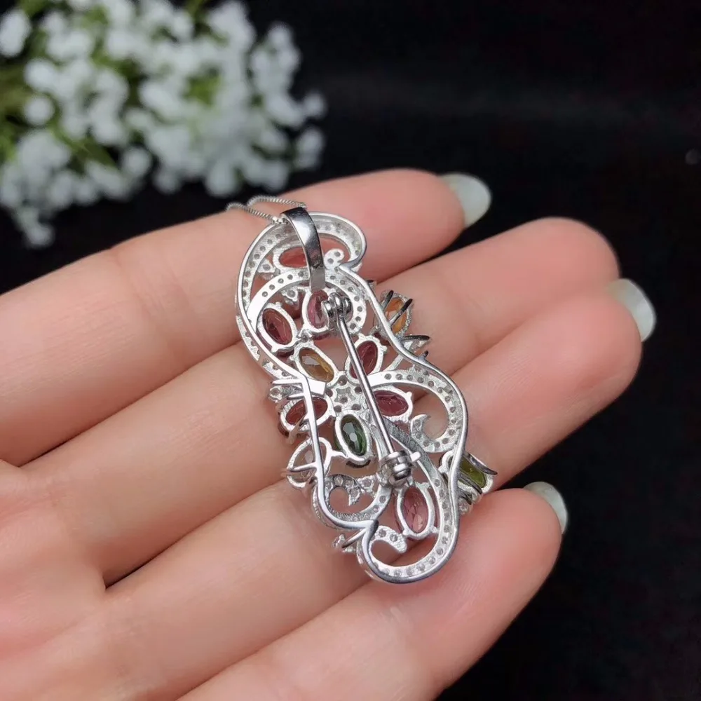 Dual-use style natural tourmaline brooch beautiful colors 925 silver gemstones certificate | Украшения и аксессуары