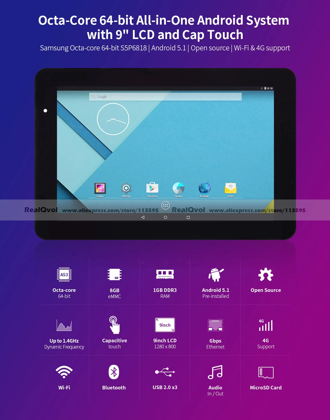 RealQvol Friendlyarm Восьмиядерный 64-разрядный все в одном Android Системы с HD900 " ЖК-дисплей и Кепки сенсорный экран