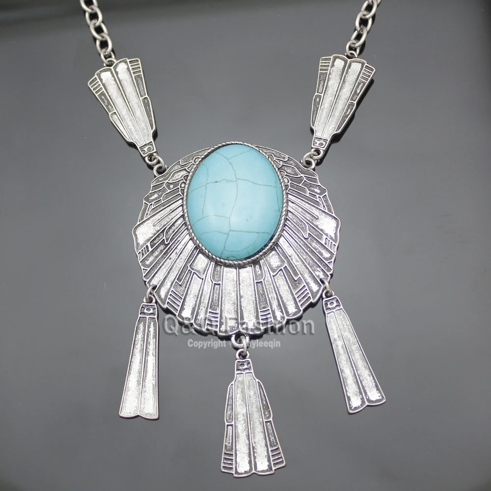 Vintage Silver Plated Dream Catcher Big Blue Stone Pendant Dome Chain Bib Necklace Turkey | Украшения и аксессуары