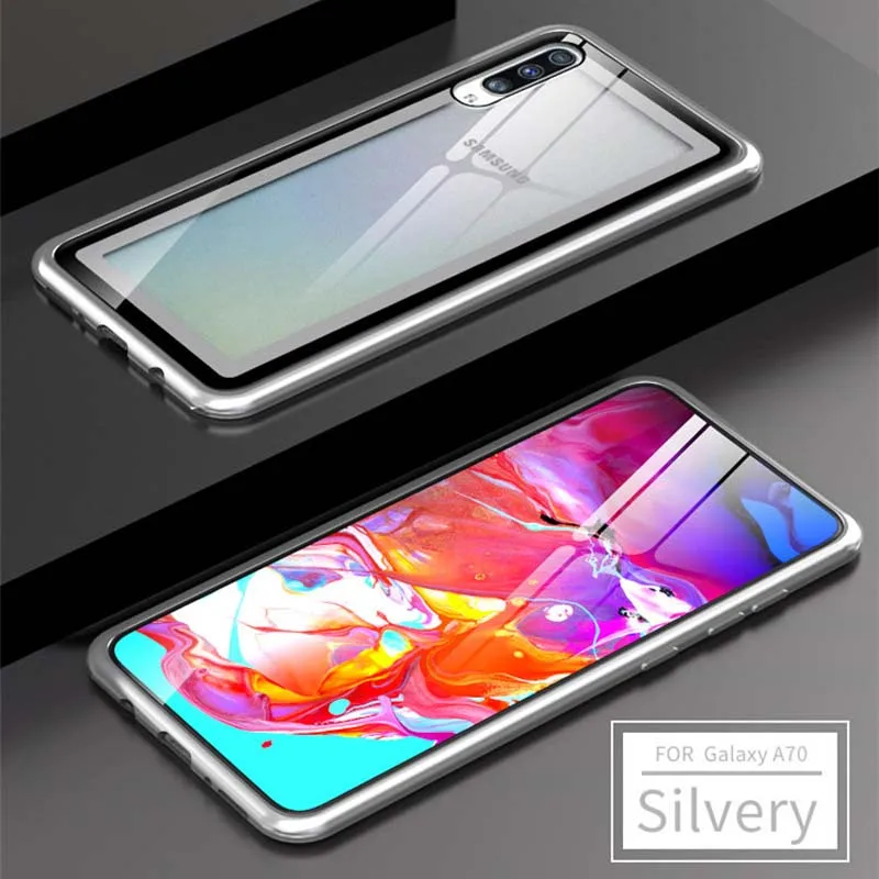 silver Роскошный Алюминиевый металлический бронированный чехол для samsung Galaxy A70, чехол с тонкой рамкой, бампер, задняя крышка из прозрачного стекла, чехол для телефона KS0200 - Цвет: silver