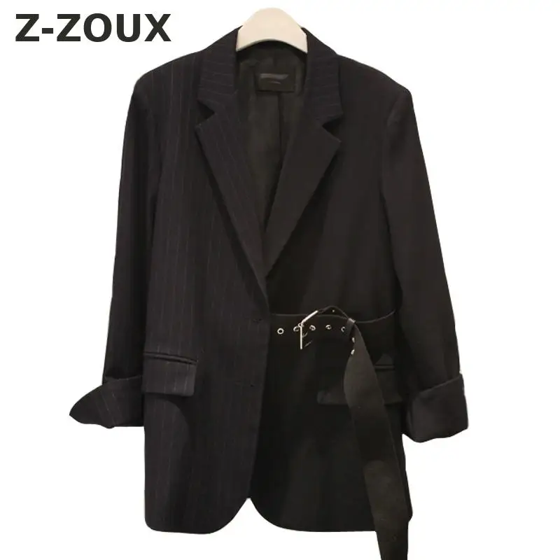 Z-ZOUX Women Coat Stripe Color Matching Belt Suit Black Irregular Loose Casual Blazer Coats 2018 New Fashion Vintage |