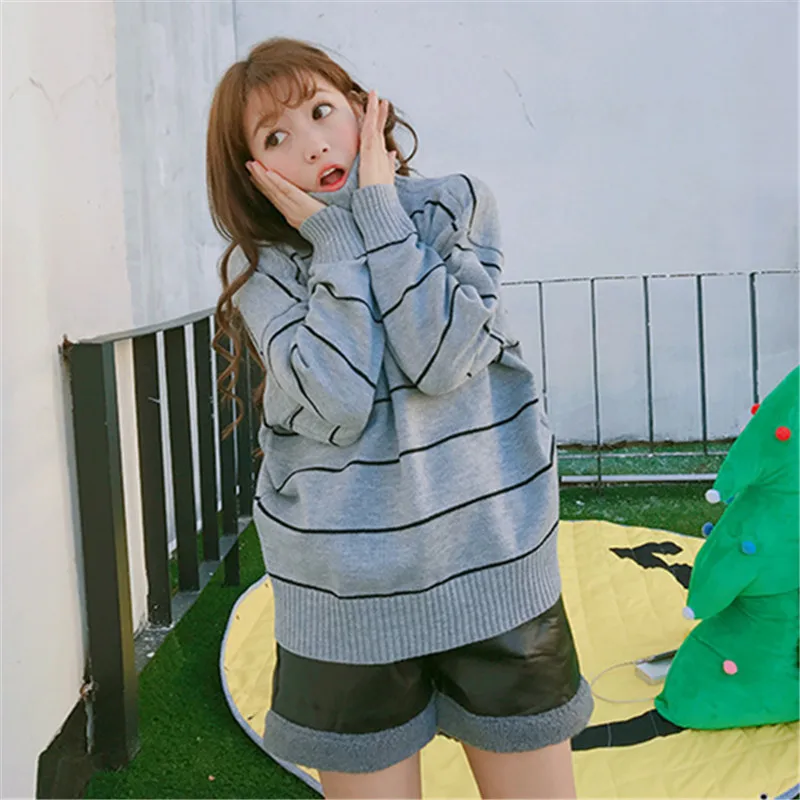 Yuzhenli 2018 Autumn Women Casual Pullovers Sweaters Knitted Sweater Winter Loose Warm Striped Turtleneck | Женская одежда