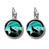 fashion silver plated stud earrings wolf head pattern glass metal buckle punk jewelry 16mm glass dome earrings charm for women