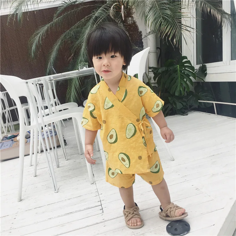 Japanese Style Cotton Baby Kimono Tracksuit Avocado Printed 2pcs/set Pants+tops Kids Boy Girls Clothing Set Child Infant Clothes | Детская