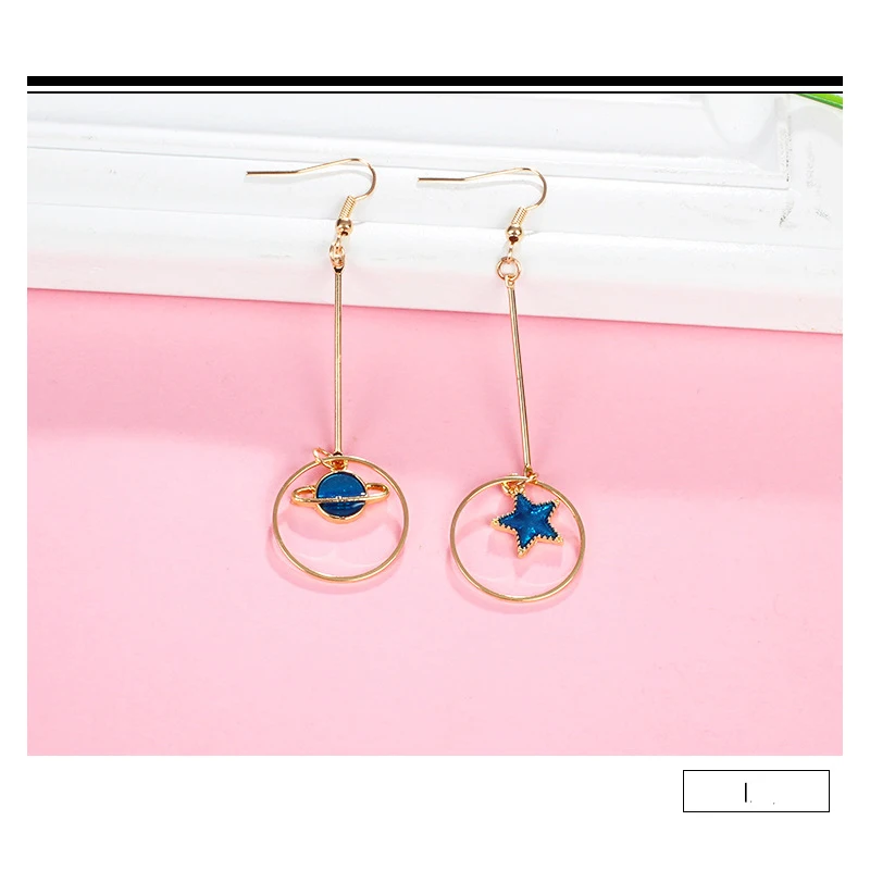Women Blue Metal Asymmetric Geometry Starry Moon Planet Stud Earrings Long Wild Sweet Jewelry Eardrop One size | Украшения и
