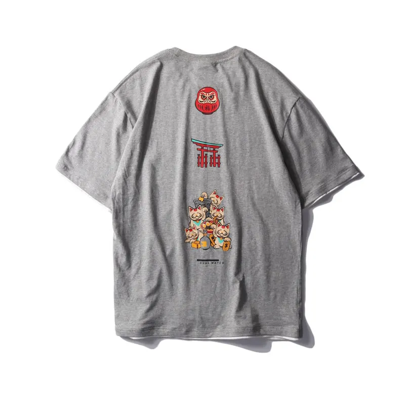 Gray GONTHWID Ложные 2 шт. Lucky Cats печати уличная футболки лето Harajuku Повседневная Уличная одежда, футболки мужские с коротким рукавом топы - Цвет: Gray