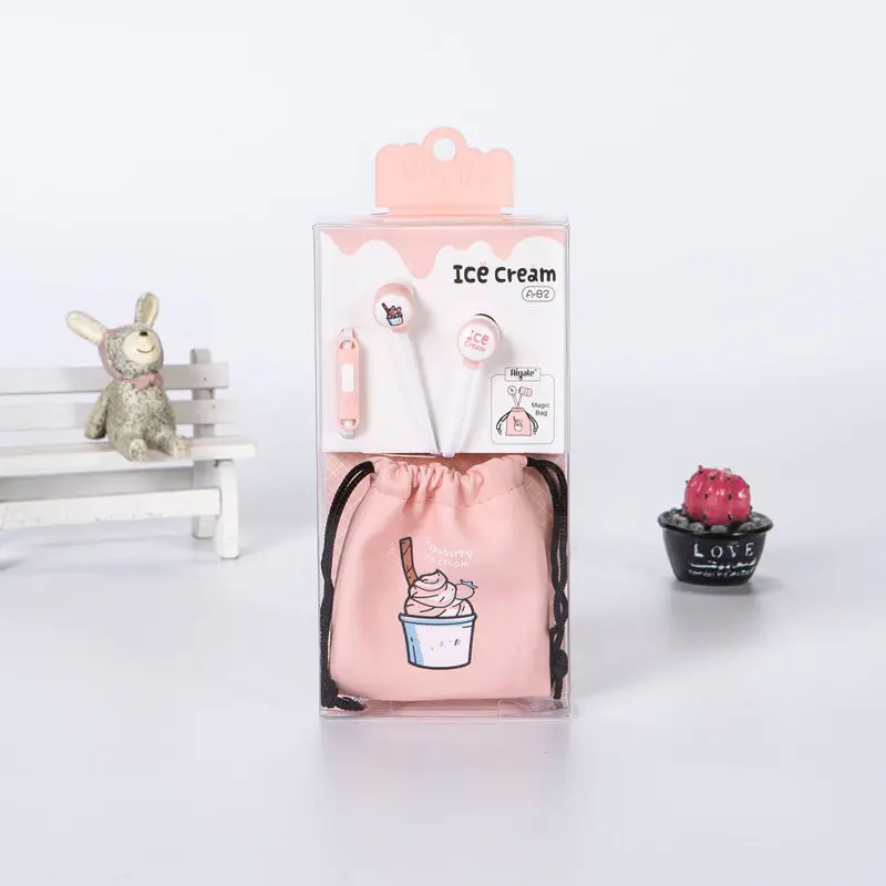 Pink With Package Милые Мультяшные наушники с мороженым, наушники-вкладыши 3,5 мм, сумка для хранения микрофона для мобильного телефона Xiaomi HuaWei, подарки для девочек - Цвет: Pink With Package