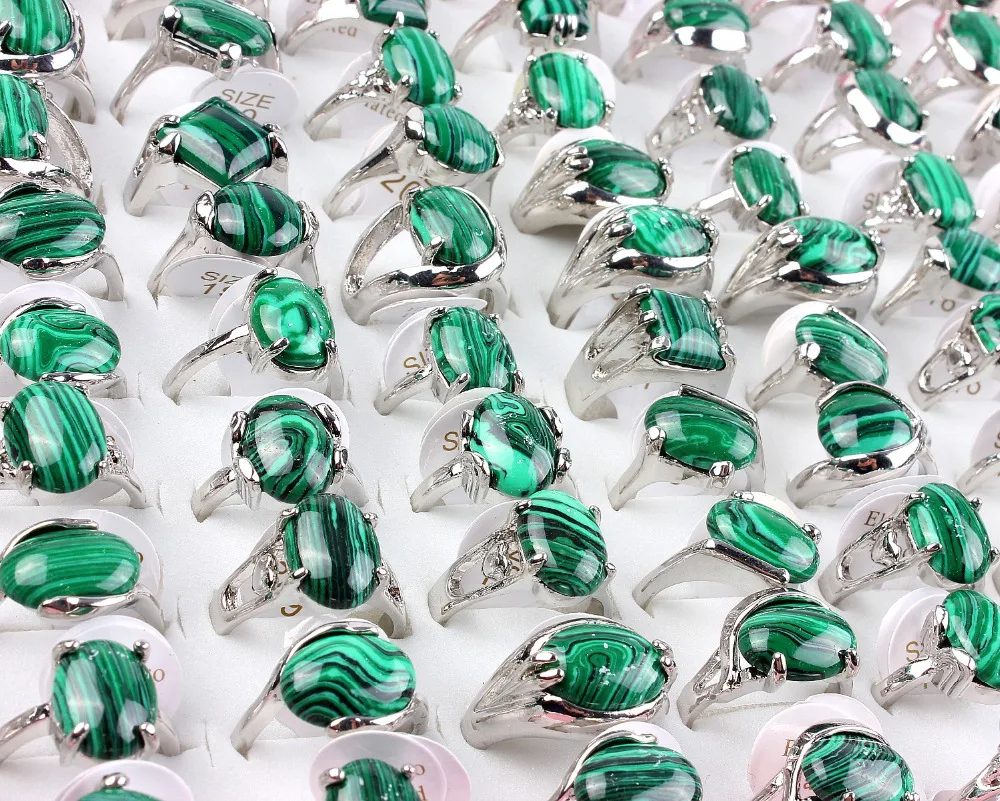 

Wholesale Bulk 36Pcs Mix Style Green Malachite Gem stone Tibet Silver Plated finger Ring Band Women Men Wedding Rings FREE
