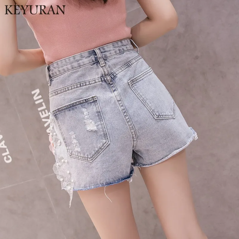 Embroidery Flowers Beading Pearls Hole Denim Shorts For Women 2019 Summer New Trendy Slim Casual Womens High Waist Hot | Женская одежда