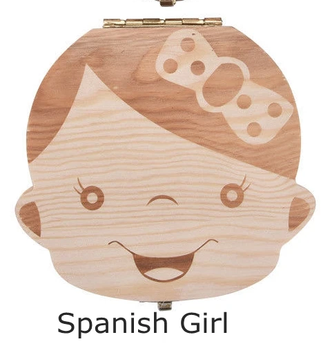 Spanish Girl Молочная емкость для хранения вставной челюсти для маленьких девочек и мальчиков деревянный органайзер для хранения английский испанский немецкий французский ребенок зуб сохранить держатель шкатулка для детей - Цвет: Spanish Girl