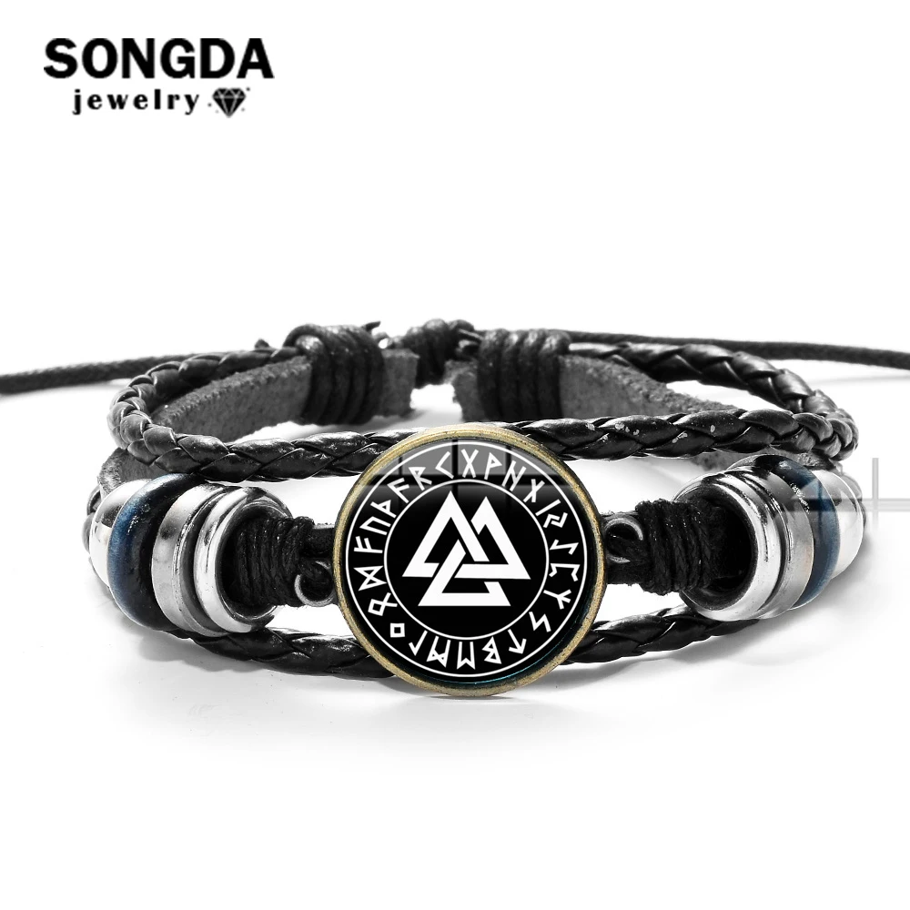 

SONGDA Ancient Viking Valknut Norse Odin Rune Amulet Bracelet Punk Multi Layers Casual Braided Leather Bracelet Men Accessories