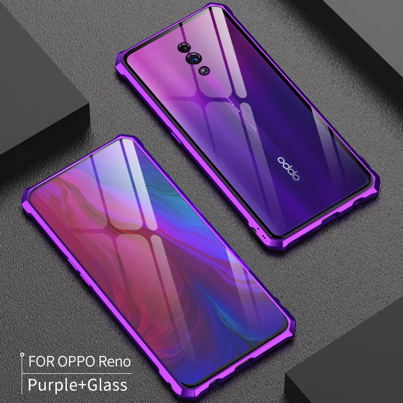 Purple Роскошный Алюминиевый металлический защитный чехол для OPPO Reno ударопрочный прозрачный стеклянный задний Чехол OPPO Reno чехол алюминиевый бампер etui - Цвет: Purple
