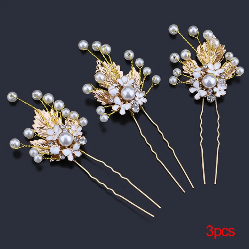 3Pcs Luxury Gold Pearl Rhinestone Bridal Hair Pin Women Clip Leaf Headpiece Jewelry Wedding Accessories SL | Украшения и
