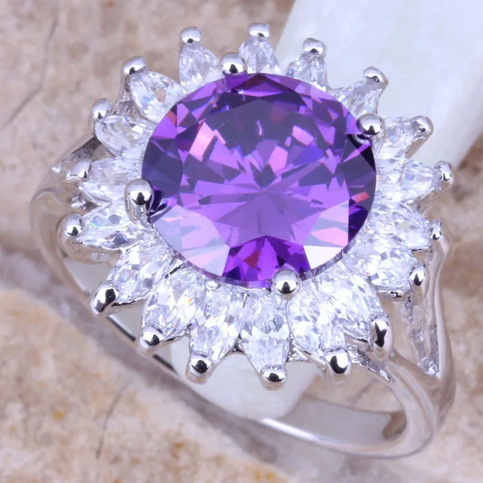 Модное женское кольцо с фиолетовым кубическим цирконием белое CZ серебряное