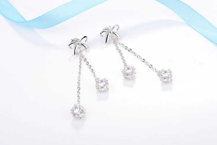 

Hot sell fashion shiny cz zircon bowknot 925 sterling silver ladies tassel stud earrings jewelry christmas gift