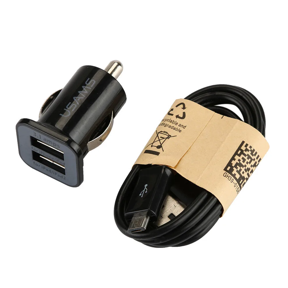 Мини Автомобильное зарядное устройство с двойным USB кабелем для передачи данных