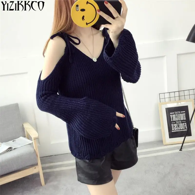 Cold Shoulder Cut Out Пуловеры для женщин сексуальная v-образным вырезом свитер Для с