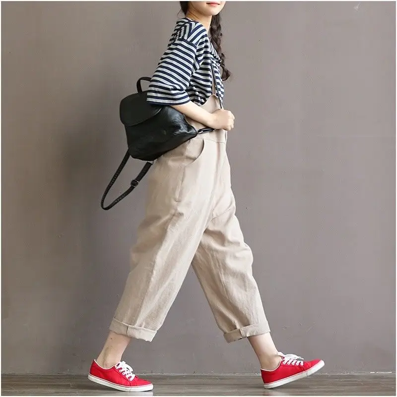 

Women Cotton Linen Loose Overalls Pants Full Length Black Khaki M-3XL Casual High Waist Solid Students Trousers New 904-A443