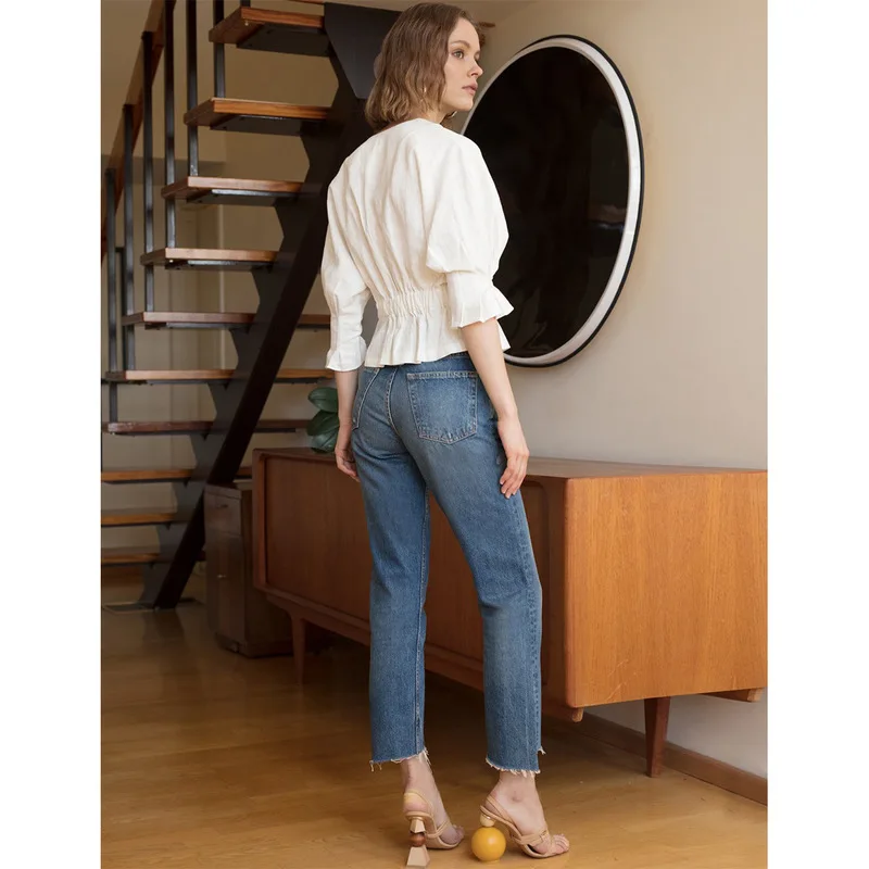 Топы с v образным вырезом новинка 2019 винтажная блузка на пуговицах длинным