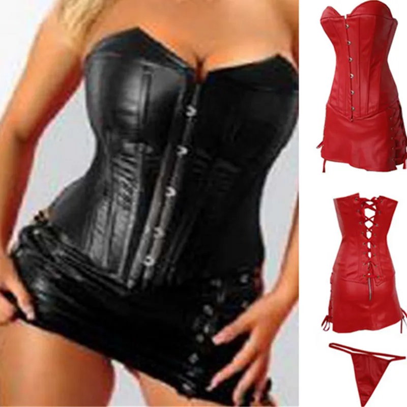 

Women Black Red Faux Leather Dress Sexy Long Line Bustier Top Overbust with Mini Skirts 6XL Hot Selling Leather Corsets