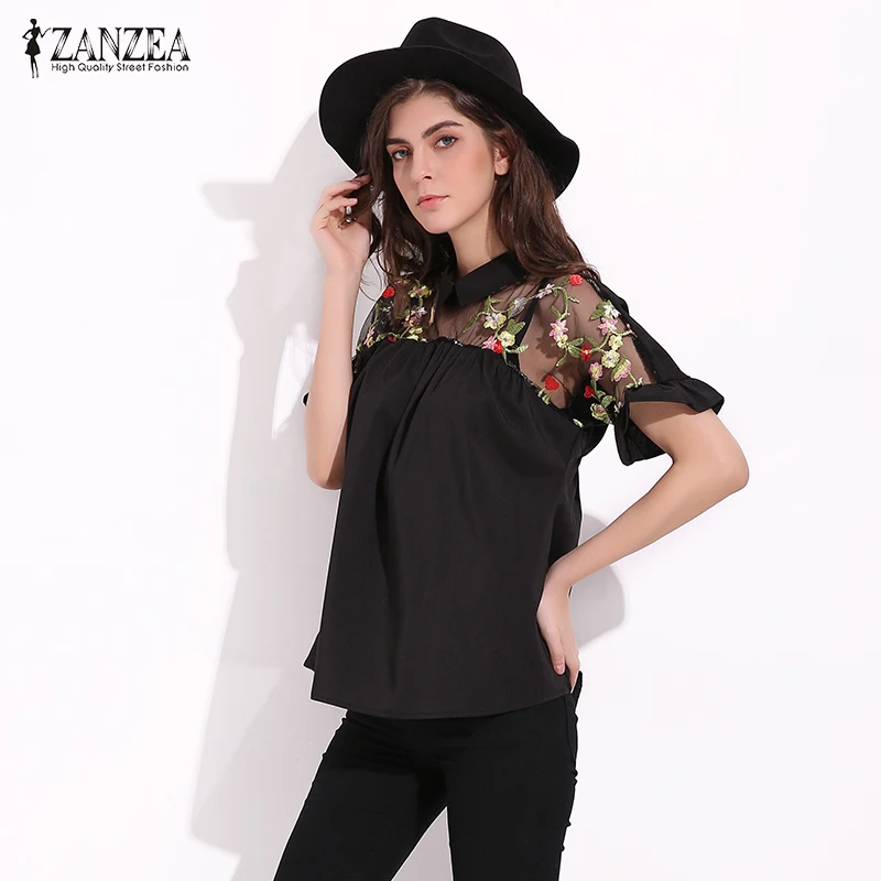 ZANZEA женская модная летняя рубашка с цветочной вышивкой элегантная сексуальная