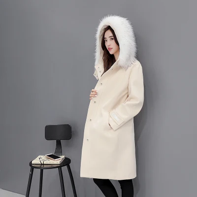 Beige Меховой воротник с капюшоном длинное шерстяное пальто Женская мода осень зима шерстяная куртка размера плюс толстое теплое шерстяное пальто Свободное Женское пальто - Цвет: Beige