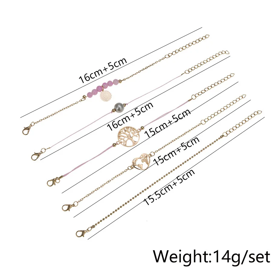 Bohemian Pink Stone Beads Pearl Bracelet Set For Women Trees Of Life Heart Map Bangles Femme Jewelry Gift | Украшения и