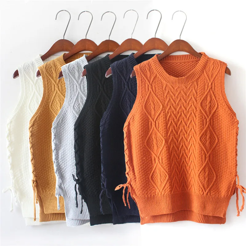 2018 Autumn Winter Vintage Casual O Neck Knitted Vest Knitwear Black Solid Sleeveless Pullover Sweater sweter mujer | Женская одежда