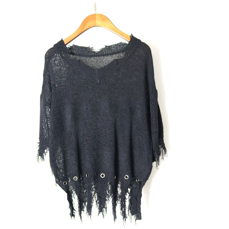 Women's Loose Hole Sweater Hollow out Asymetric Hem Knitted V neck Long Sleeve Thin Tops | Женская одежда
