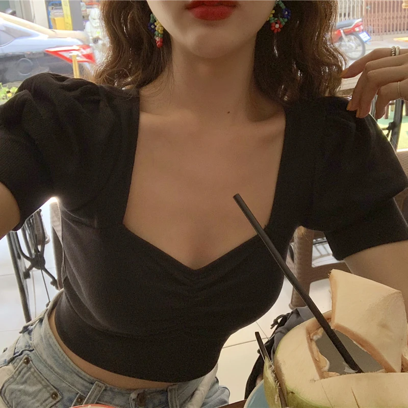 

2019 Women Spring Slim Sexy Low Cut Vintage Retro Square Collar Crop Tops Women Tee T- Shirt for girls