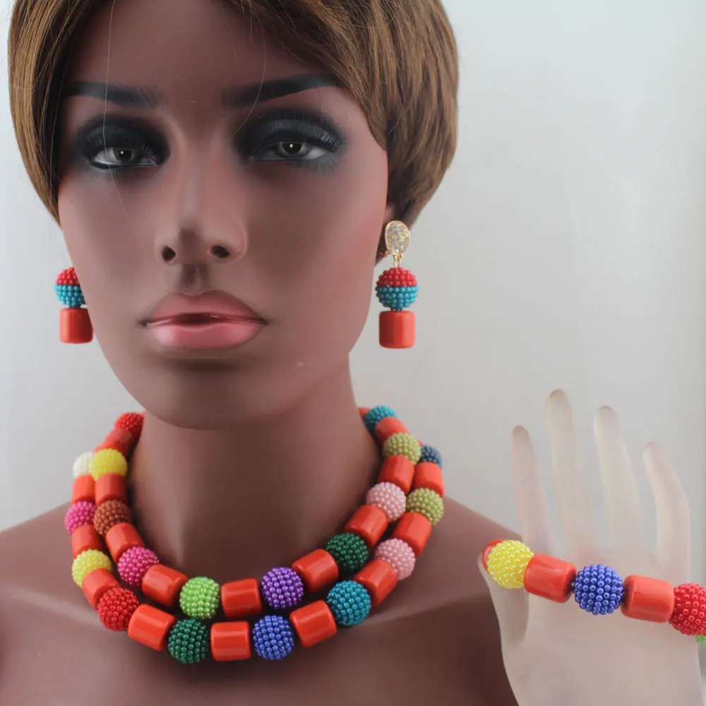 

New Oange/Masquerade Plastic Pearl Ball Necklace Bracelet Nigerian African Wedding Beads Bridal Jewelry Sets Free ShippingHD8641