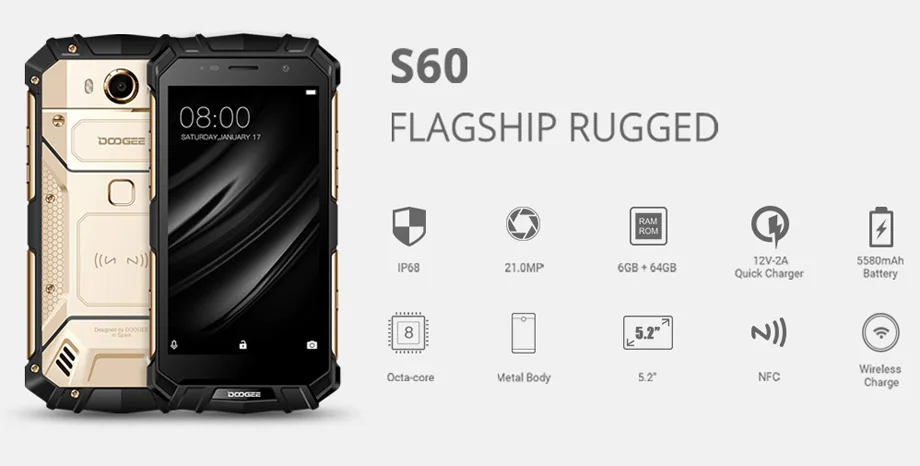 IP68 DOOGEE S60 6 ГБ ОЗУ 64 Гб беспроводной зарядки смартфон MTK Helio P25 Восьмиядерный Android 7,0 5580 МП мАч водонепроницаемый мобильный телефон