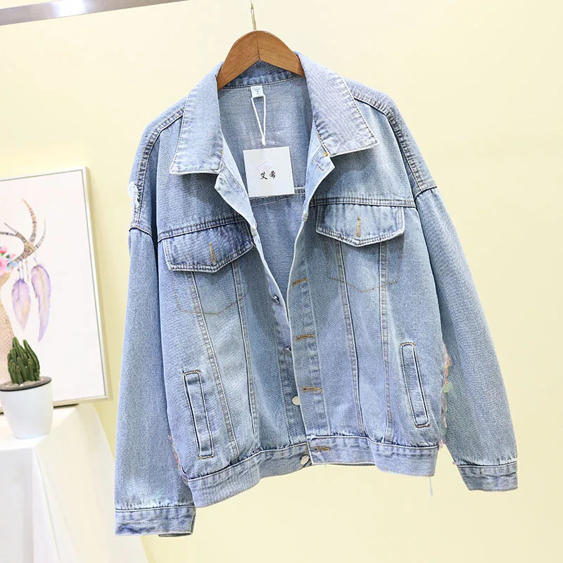 Spring Autumn 2019 New Sequins Holes Cowboy Short Jacket Loose Long-sleeved Studded Jackets Student Green Coat Women | Женская одежда
