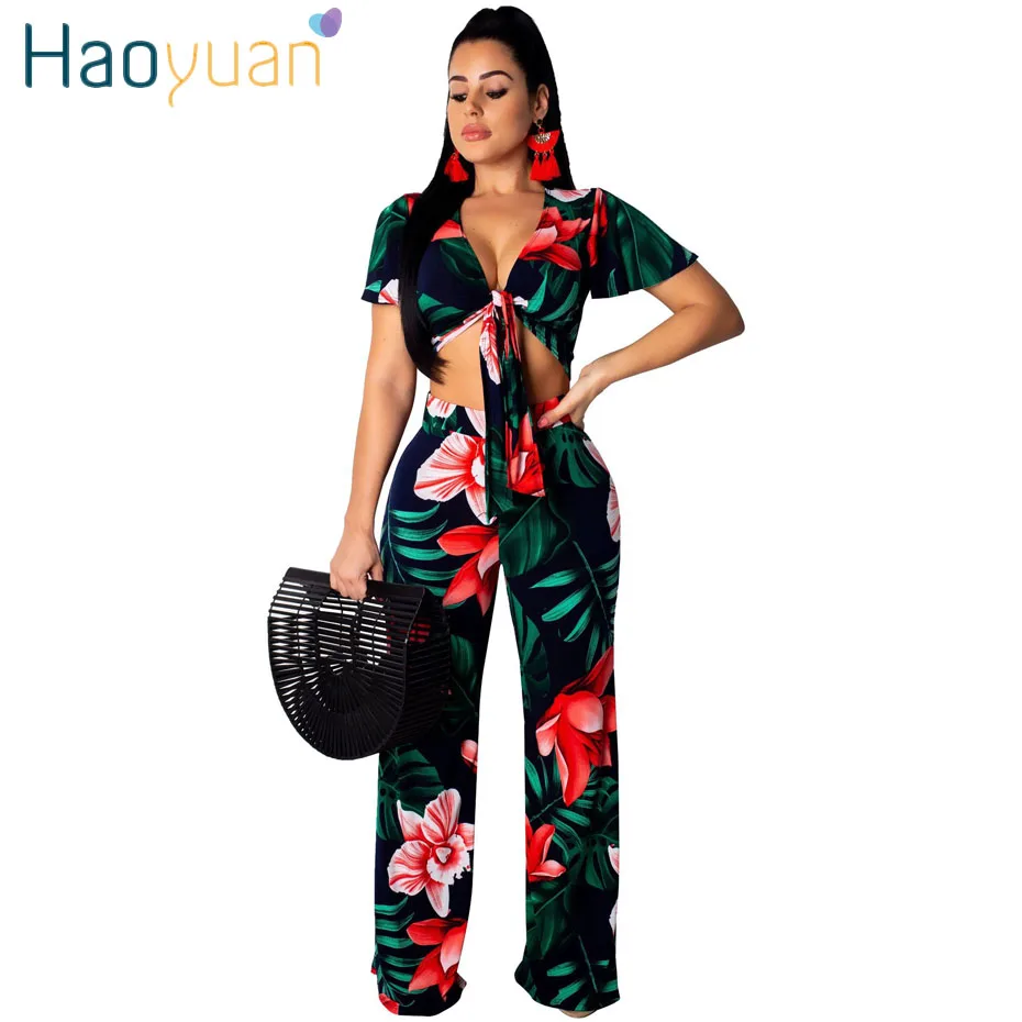 HAOYUAN, летняя одежда для женщин, комплект из 2 предметов, укороченный топ и широкие штаны размера плюс, сексуальная клубная одежда, комплект из двух предметов