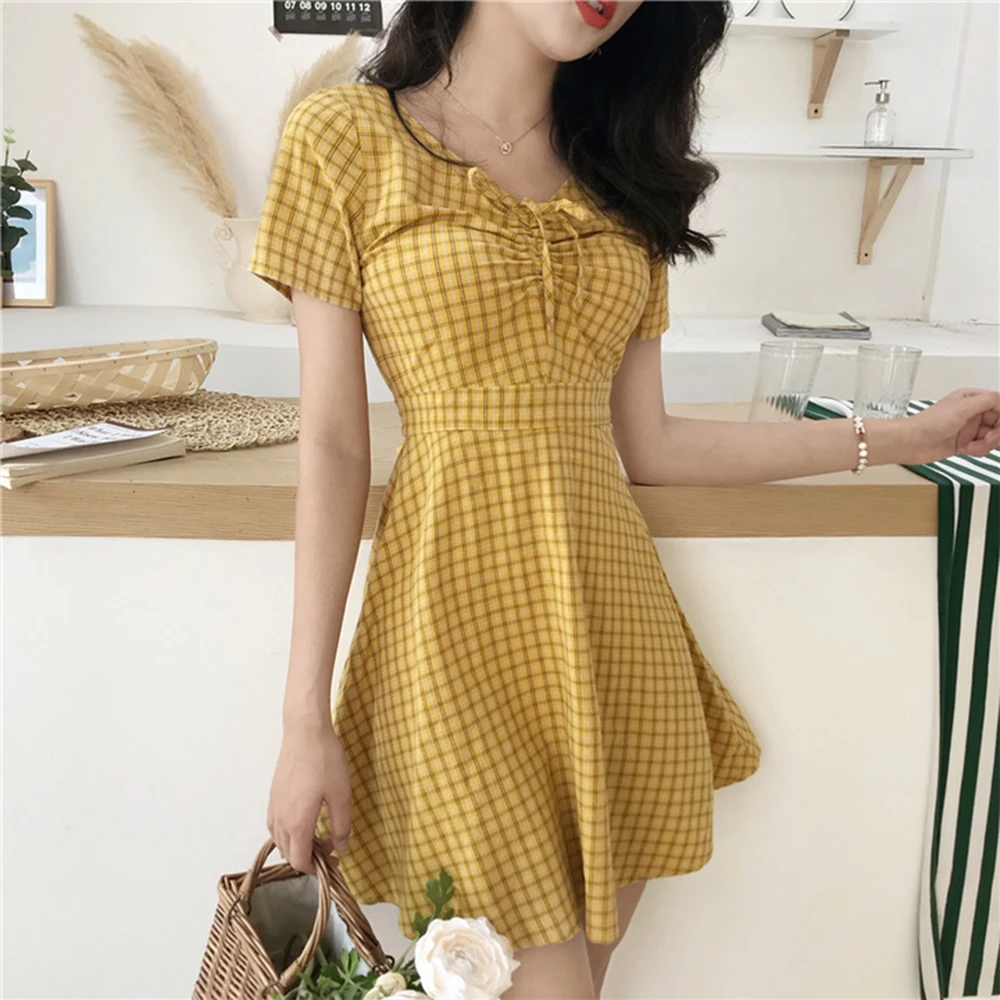 Желтое женское летнее платье розовое клетчатое с запахом Vestidos De Verano 2019 Fiesta Cortos