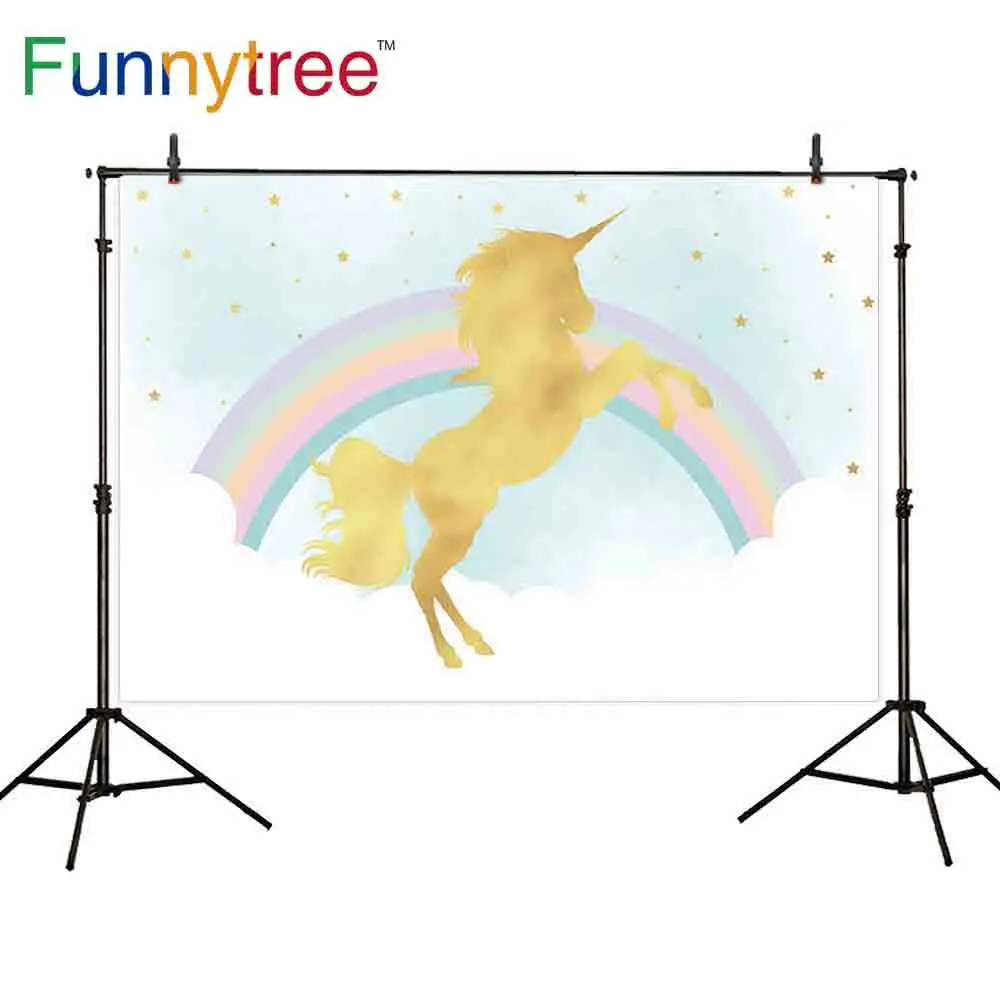 Фон для фотосъемки Funnytree Радужный цвет золотой единорог силуэт облака голубое