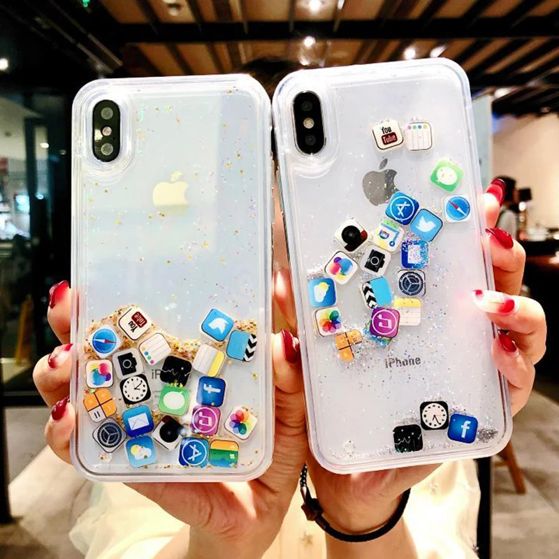 Противоударный чехол с динамическим зыбучим песком для iPhone 11 Pro X XR XS MAX, значок приложения, блестящий силиконовый Жесткий Чехол для iPhone 8 7 6 6s Plus