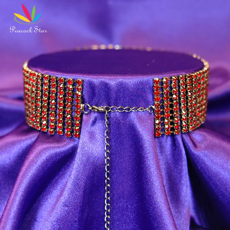 Ожерелье чокер с павлиньими звездами 10 рядов темно красное CC022|rhinestone choker necklace|choker