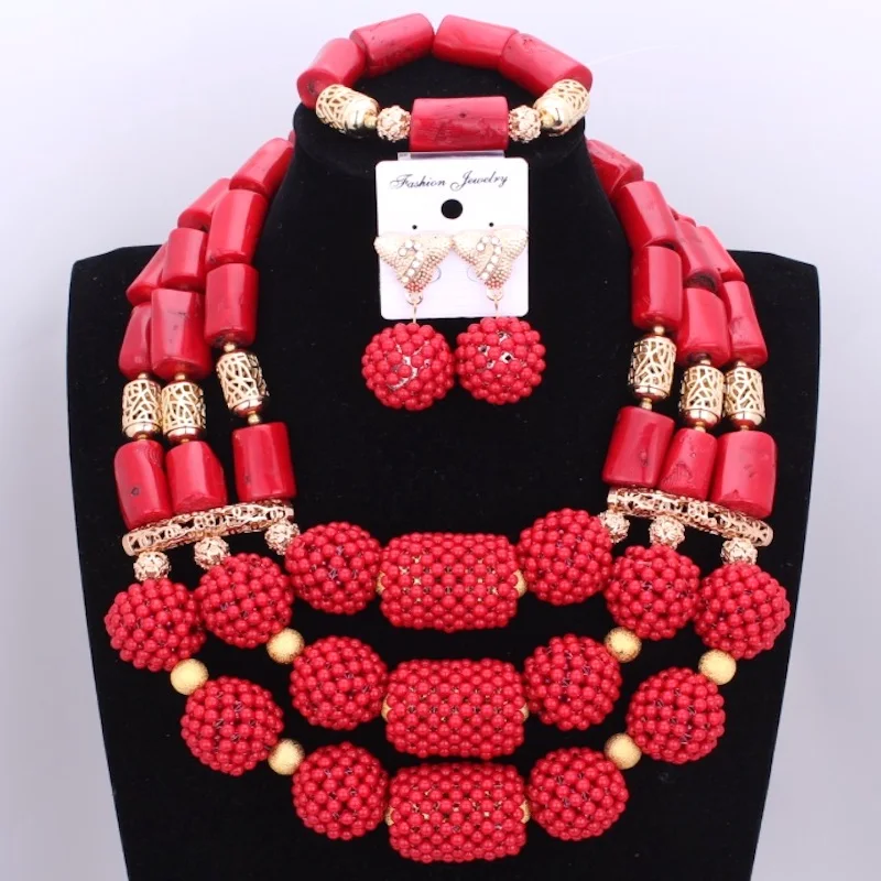 Orange Coral Beads Jewelry Sets Balls Dubai Gold sets For Women 2018 Free Shipping pieces Necklace Bracelet Earrings | Украшения и