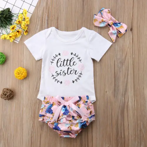 Newborn Babys Girls Outfits Clothes Letter Romper Jumpsuit +Floral Short +Headband Sets | Детская одежда и обувь