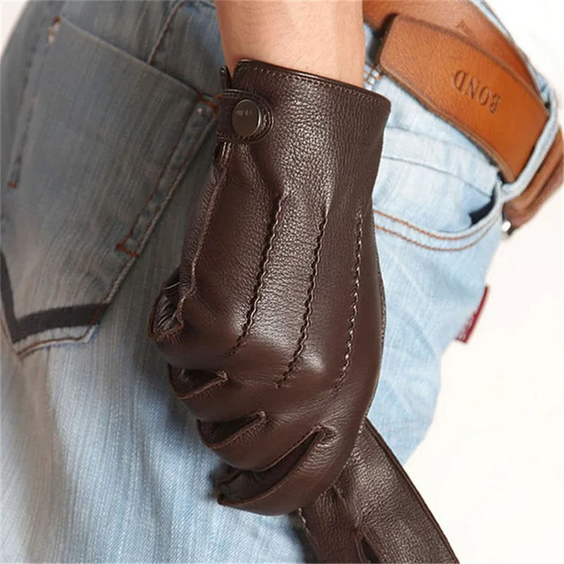 Dark brown Новинка, мужские перчатки из натуральной кожи, роскошная перчатка из оленьей кожи, высокое качество, зимняя кашемировая подкладка, EM012WR-3 - Цвет: Dark brown