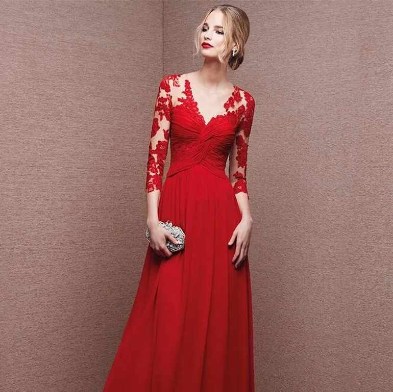 Free Shipping 2016 New Evening Dress three Quarter Sleeve Lace V Collar Red Banquet Sisters Up | Свадьбы и торжества